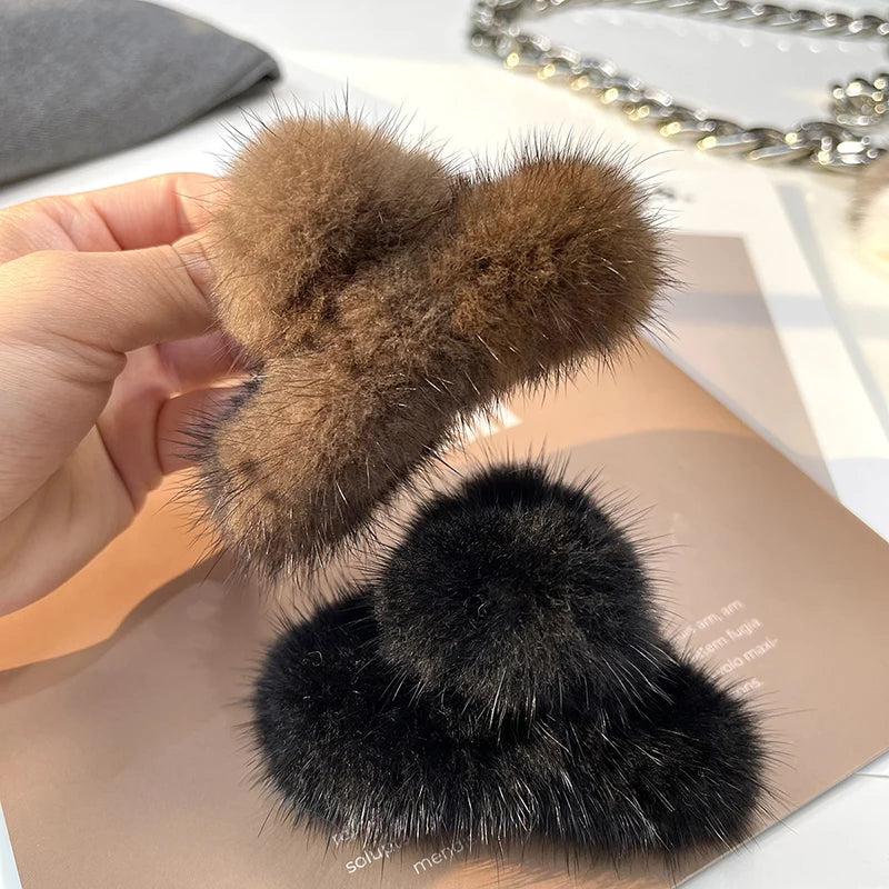 Luxury Real Mink Fur Fashion Hairpin Claw Clips