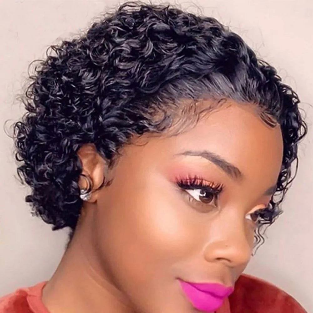 13x1 Lace Front Human Hair Wig – Short Curly Brazilian Water Wave Wig