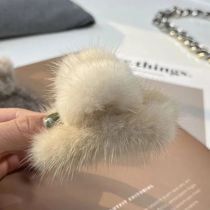 Luxury Real Mink Fur Fashion Hairpin Claw Clips