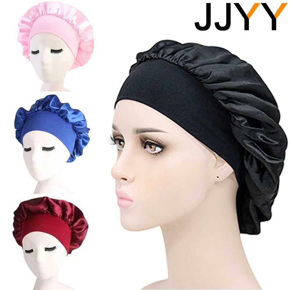 JJYY Adjust Solid Satin Bonnet Hair Styling Cap Long Hair Care Women Night Sleep Hat Silk Head Wrap Shower Cap Hair Styling Tool