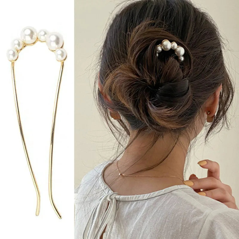 U Shaped  Pearl Alloy Waved Hair Clips Hairpins