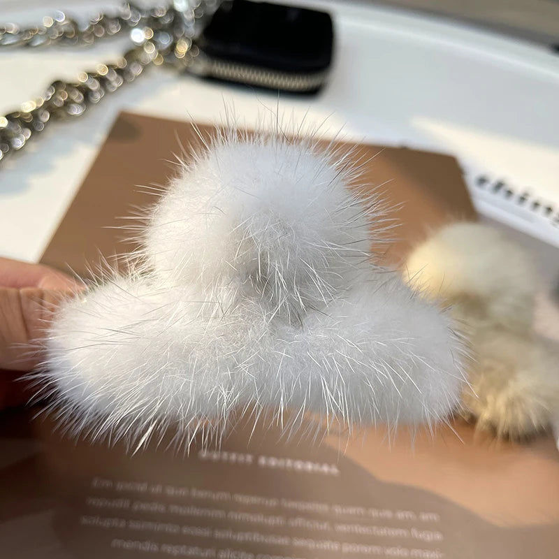 Luxury Real Mink Fur Fashion Hairpin Claw Clips