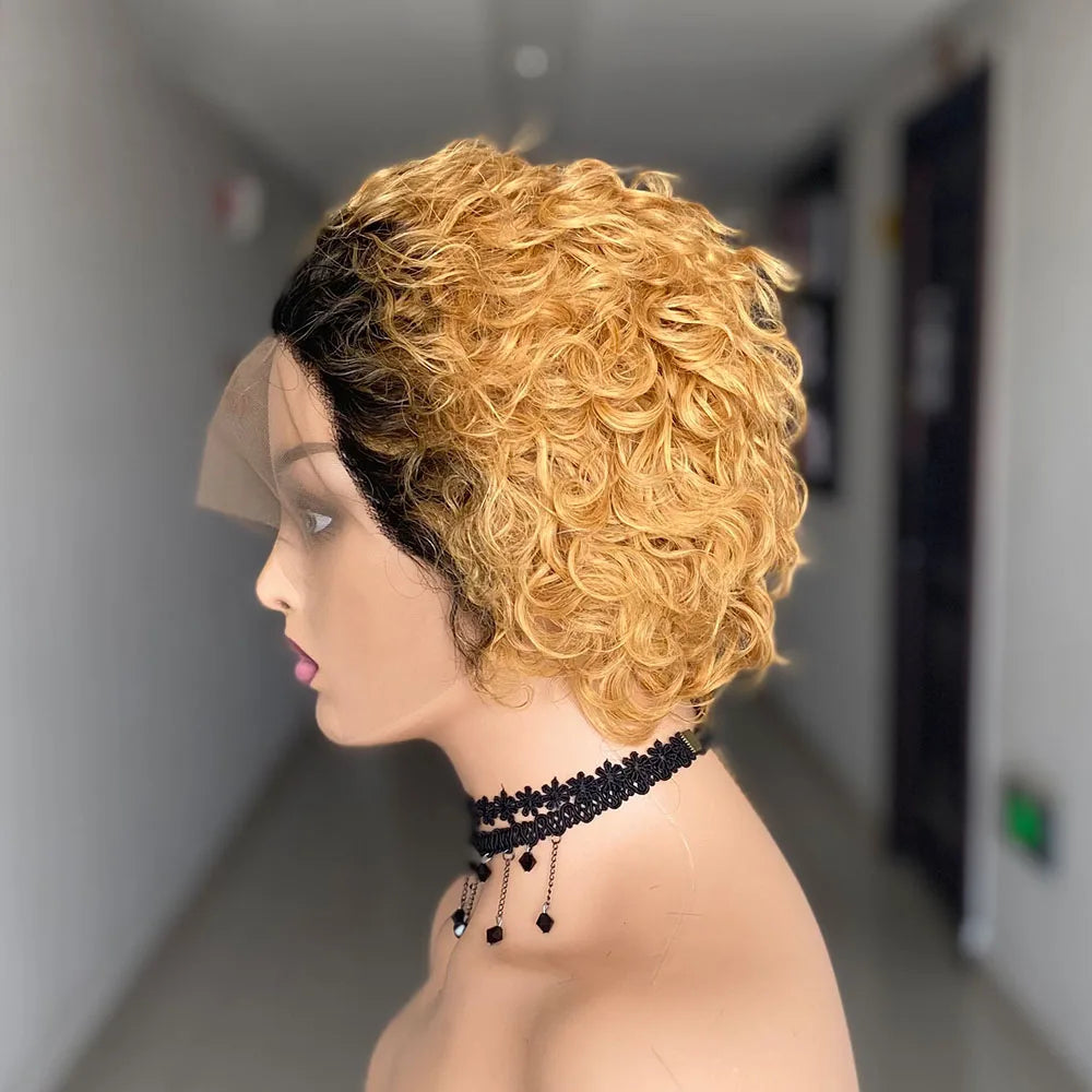 13x1 Lace Front Human Hair Wig – Short Curly Brazilian Water Wave Wig