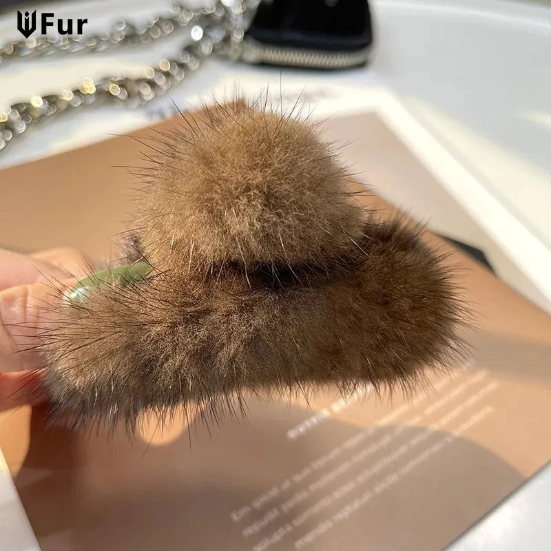 Luxury Real Mink Fur Fashion Hairpin Claw Clips