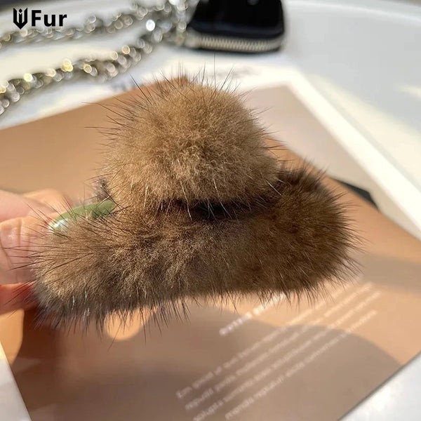 Luxury Real Mink Fur Fashion Hairpin Claw Clips