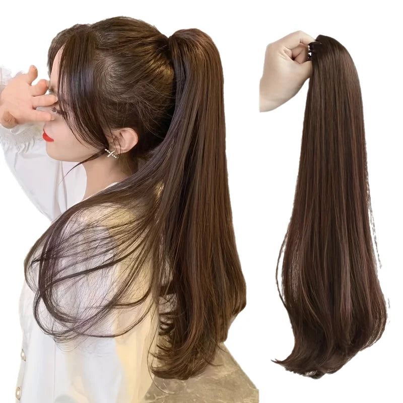 Synthetic Long Straight Grab Clip In Ponytail Hair Extensions