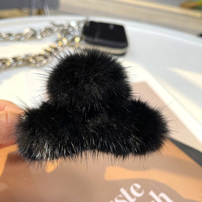 Luxury Real Mink Fur Fashion Hairpin Claw Clips