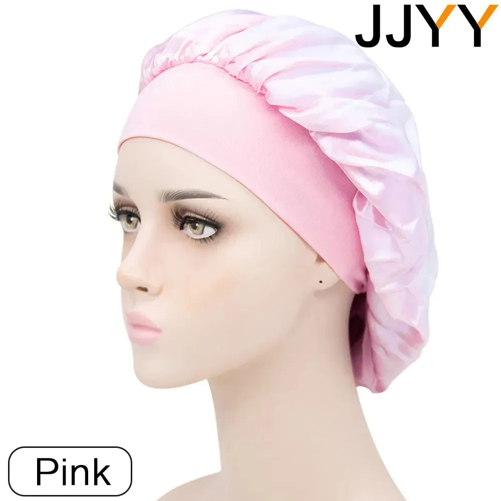 JJYY Adjust Solid Satin Bonnet Hair Styling Cap Long Hair Care Women Night Sleep Hat Silk Head Wrap Shower Cap Hair Styling Tool