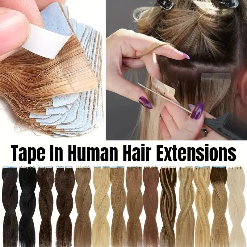 PU Tape in Hair Extensions Human Hair Straight Wave for Black Women