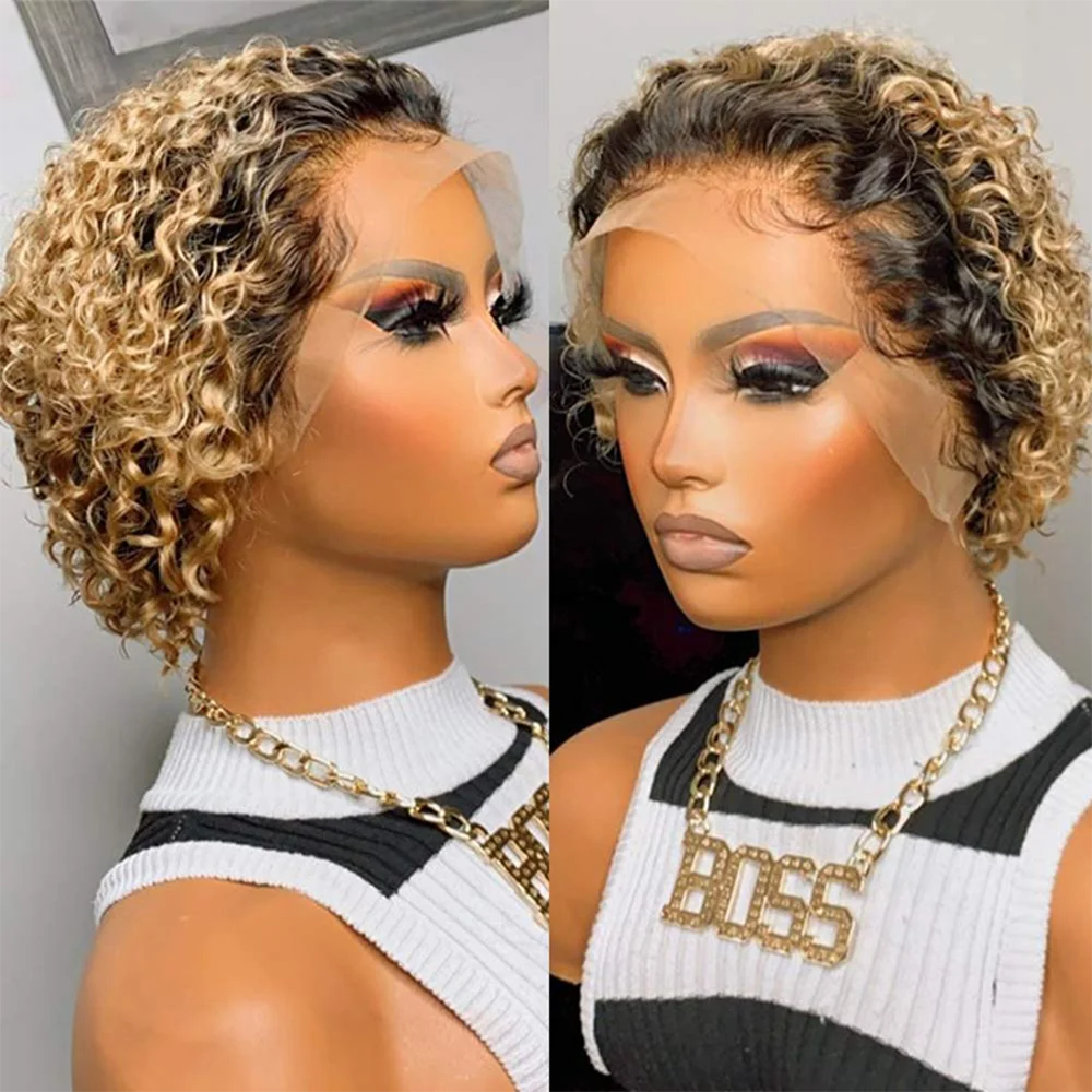 13x1 Lace Front Human Hair Wig – Short Curly Brazilian Water Wave Wig